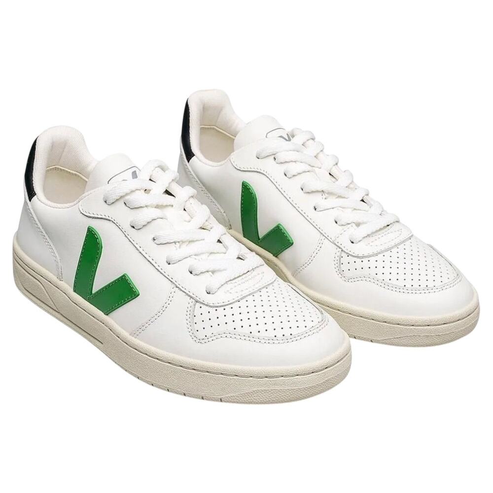 Veja V10 Sneakers Leather Lace Up Low Top Logo Round Toe White Emeraude 9